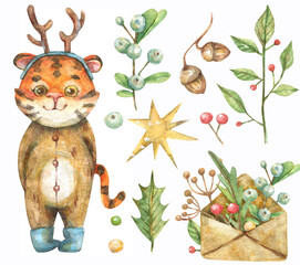 Christmas illustration of a cute tiger cub dressed up in a deer costume and a set of new year decor.