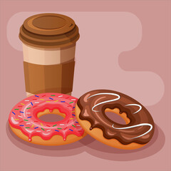 Donuts with pink icing with colored sprinkles and with chocolate icing and a sugar strip and a cup of coffee on a brown background