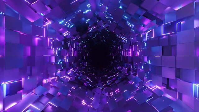 Flying inside a neon hexagonal tunnel vr animation. Background futuristic animation. Chaotic distribution of polygons. Seamless loop animation.