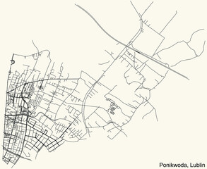 Detailed navigation urban street roads map on vintage beige background of the quarter Ponikwoda district of the Polish regional capital city of Lublin, Poland