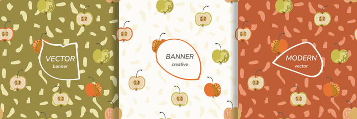 Vector set of hand drawn illustrations and seamless patterns with cute fruits. Cute textile design for trendy kids and adult clothing, covers, packaging umagh, labels, textiles, tiles, surface designs