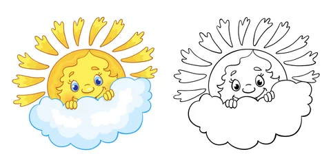 Zelfklevend Fotobehang Cheerful sun hides behind a cloud. Colorful and outline drawing. In cartoon style. Isolated on white background. Vector illustration. For coloring book. © Shvetsova Yulia