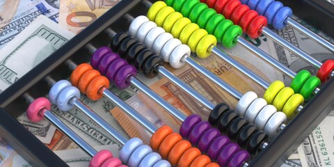 Abacus, count traditional equipment on money banknotes background, close up view. 3d illustration