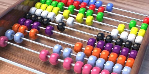 Abacus, count learning traditional school tool with colorfoul beads, closeup. 3d illustration