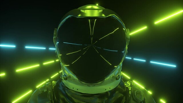 Astronaut in neon space close-up. Bright rays of neon fly by. 3d animation of a seamless loop.