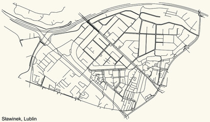 Fototapeta na wymiar Detailed navigation urban street roads map on vintage beige background of the quarter Sławinek district of the Polish regional capital city of Lublin, Poland