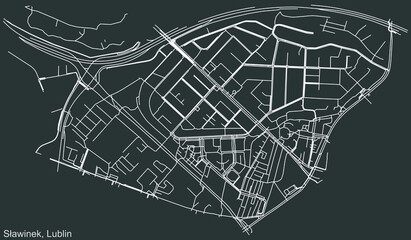 Detailed negative navigation urban street roads map on dark gray background of the quarter Sławinek district of the Polish regional capital city of Lublin, Poland