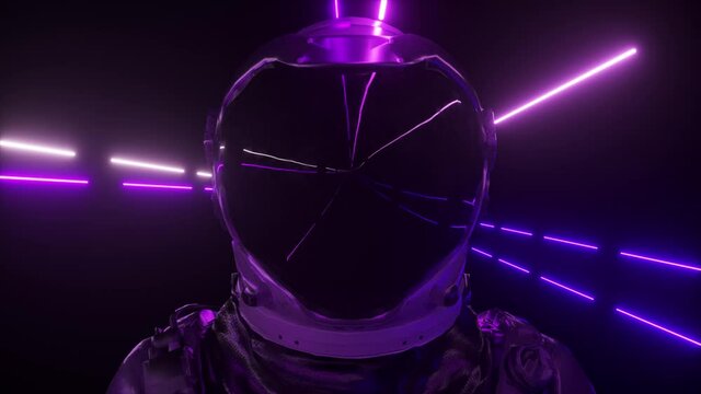 Astronaut in neon space close-up. Bright rays of neon fly by. 3d animation of a seamless loop.