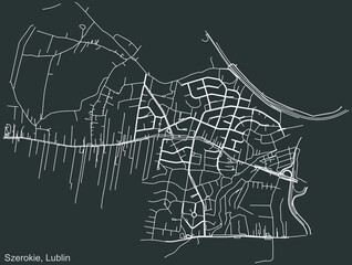 Detailed negative navigation urban street roads map on dark gray background of the quarter Szerokie district of the Polish regional capital city of Lublin, Poland