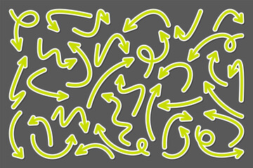 Colorful hand drawn arrow stickers set. Green pointers collection. Simple arrows in different shapes. Direction signs. Vector illustration.