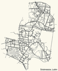 Detailed navigation urban street roads map on vintage beige background of the quarter Śródmieście district of the Polish regional capital city of Lublin, Poland