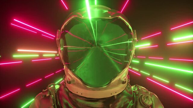 Astronaut in neon space close-up. Bright rays of neon fly by. 3d animation of a seamless loop.