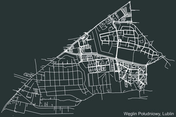 Detailed negative navigation urban street roads map on dark gray background of the quarter Węglin Południowy district of the Polish regional capital city of Lublin, Poland