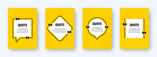 Set of modern yellow banners with quote frames. Speech bubbles with quotation marks. Blank text box and quotes. Blog post template. Vector illustration. - obrazy, fototapety, plakaty