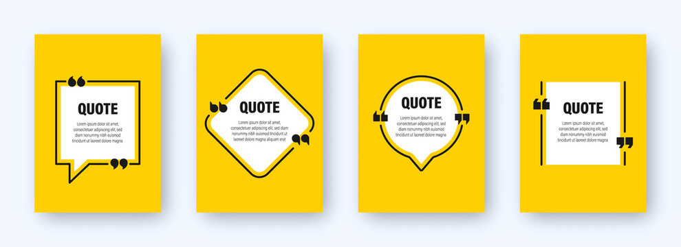 Set of modern yellow banners with quote frames. Speech bubbles with quotation marks. Blank text box and quotes. Blog post template. Vector illustration.