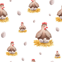 watercolor postcard cute hen hatches eggs