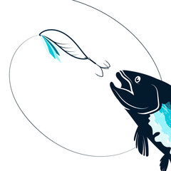 Obraz premium The fish swims for the bait with a hook. Fishing in a river with a rod