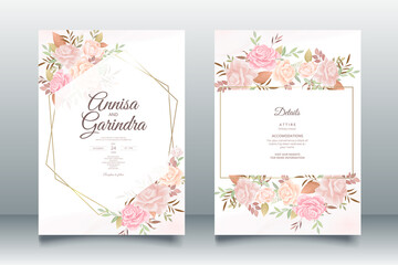 Fototapeta na wymiar Wedding invitation card template set with beautiful floral leaves Premium Vector