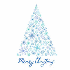 A postcard with a Christmas tree made of snowflakes with the inscription Merry Christmas. Vector illustration on a white background