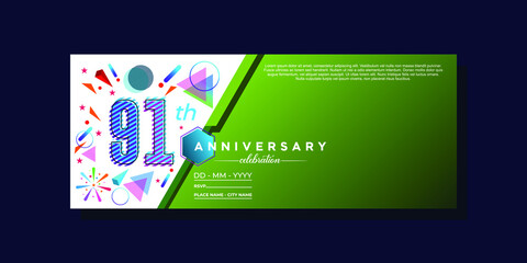91th anniversary, anniversary celebration vector design on colorful geometric background and circle shape.