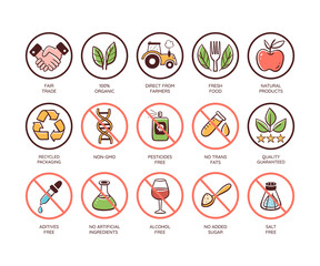 Food quality icon set. Qualities of food and their production. Free harmful substances. Fresh and natural products. Hand-drawn colorful vector icons.