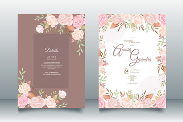  Romantic Wedding invitation card template set with beautiful  floral leaves Premium Vector