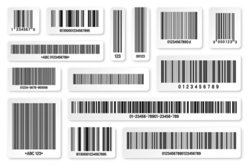 Set of product barcodes. Identification tracking code. Serial number, product ID with digital information. Store or supermarket scan labels, price tag. Vector illustration.