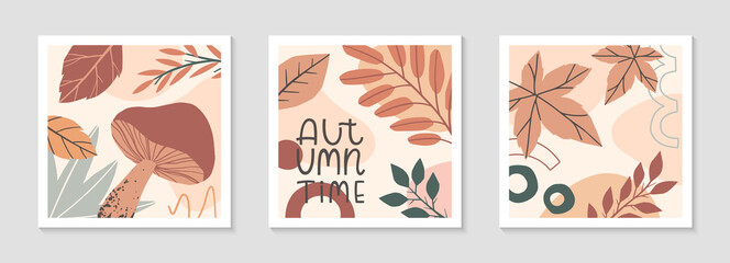 Set of autumn abstract decorative prints with organic various shapes,foliage,mushrooms and lettering - autumn time.Moderm seasonal design.Universal artistic banners.Trendy fall vector illustrations.