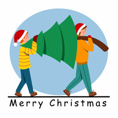 Young people carry a Christmas tree together. Two men are preparing to celebrate the New Year. vector illustration in cartoon style