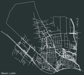 Detailed negative navigation urban street roads map on dark gray background of the quarter Sławin district of the Polish regional capital city of Lublin, Poland