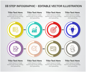 Fototapeta na wymiar 8 Steps Infographics Design Template - Graph, banner, Pie chart, workflow layout, cycling diagram, brochure, report, presentation, web design. Editable Vector illustration