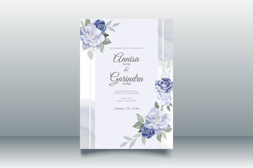  Romantic Wedding invitation card template set with beautiful blue floral leaves Premium Vector