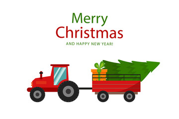 Merry Christmas and Happy New Year. Christmas tree gift and red tractor. Vector graphics in flat style