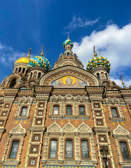 Fototapeta na wymiar Facade of the Church of the Savior on Spilled Blood in St. Petersburg.
