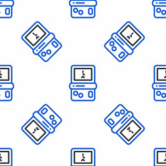 Line Portable tetris electronic game icon isolated seamless pattern on white background. Vintage style pocket brick game. Interactive playing device. Colorful outline concept. Vector