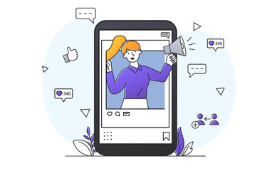 Internet advertisement concept. Woman with megaphone in her ears looks out of smartphone. Character attracts new customers and users. Cartoon flat vector illustration isolated on white background