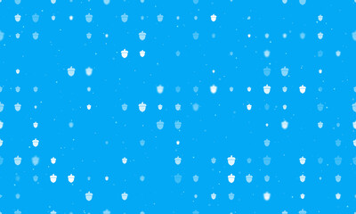 Seamless background pattern of evenly spaced white acorn symbols of different sizes and opacity. Vector illustration on light blue background with stars