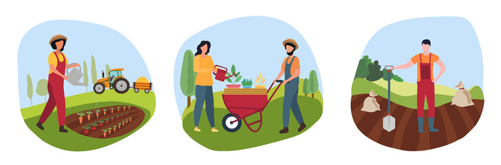 Man and woman gardener concept. Young characters with garden tools plant flowers, harvest crops and water vegetables. Agricultural industry. Cartoon flat vector collection isolated on white background