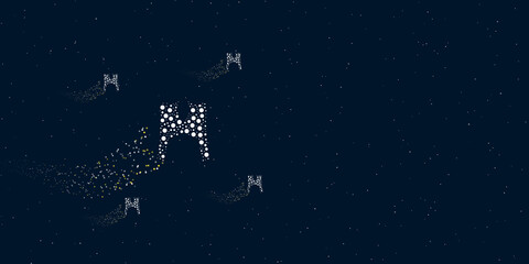 Fototapeta na wymiar A women's jacket symbol filled with dots flies through the stars leaving a trail behind. There are four small symbols around. Vector illustration on dark blue background with stars