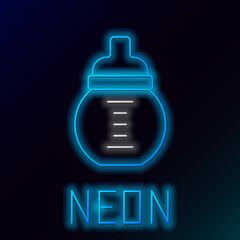 Glowing neon line Baby milk in a bottle icon isolated on black background. Feeding bottle icon. Colorful outline concept. Vector