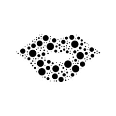 A large lips symbol in the center made in pointillism style. The center symbol is filled with black circles of various sizes. Vector illustration on white background