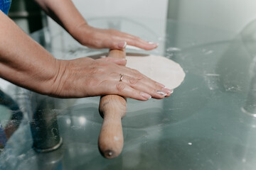 Close-up of pasta dough. Cooking noodles by hand.