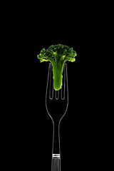 Green broccoli on a fork on a black background. Minimalism. Concept.