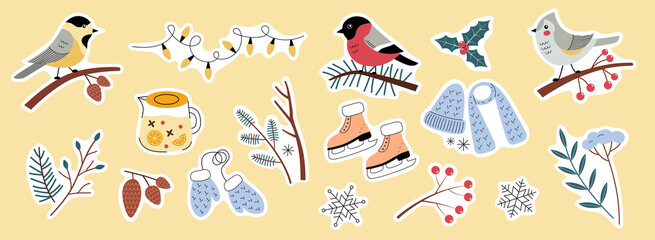 A romantic set of ready-to-print stickers. Winter cozy elements. Bullfinch, titmouse, chickadee birds. Vector illustration in a trending flat style. Perfect for seasonal products
