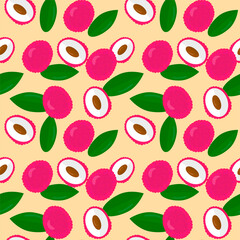 Pattern with fruits and leaves of lychee. Endless background. Fruit design for paper or fabric.