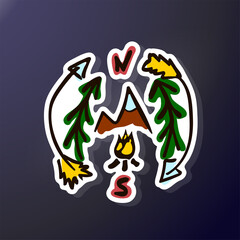 Doodle illustration of mountains, trees, bonfire, arrows. Direction north and south. Colored sticker on the theme of travel. Vector hand drawings.