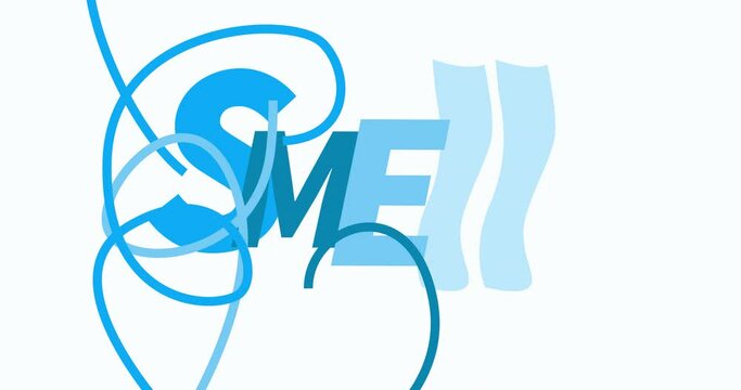 video with the logo of the word smell in blue shades on a white background as a symbol of aroma, taste and freshness