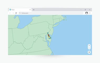 Browser window with map of Delaware, searching  Delaware in internet.