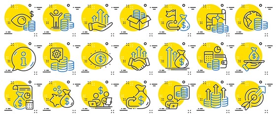 Finance line icons. Accounting coins, Budget Investment, Trade Strategy icons. Finance management, Budget gain and Business asset. Money economy, Loan in dollars and Treasure map. Vector