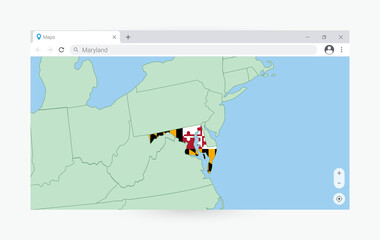 Browser window with map of Maryland, searching  Maryland in internet.